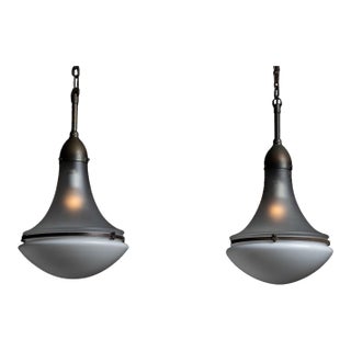 Pair Vintage Art Deco Pendant Brass Hanging Light Milk Glass Shade For Sale