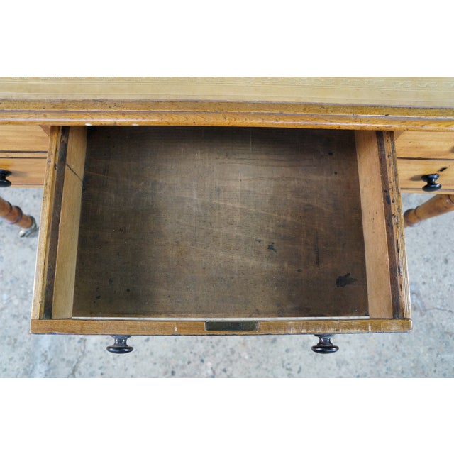 Antique 19th C. English Regency Maple & Oak Tooled Leather Top Partner's Desk For Sale - Image 11 of 18