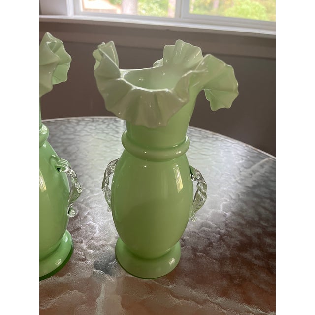 Traditional Vintage Fenton Mint Green Pair of Ruffled Vases For Sale - Image 3 of 5
