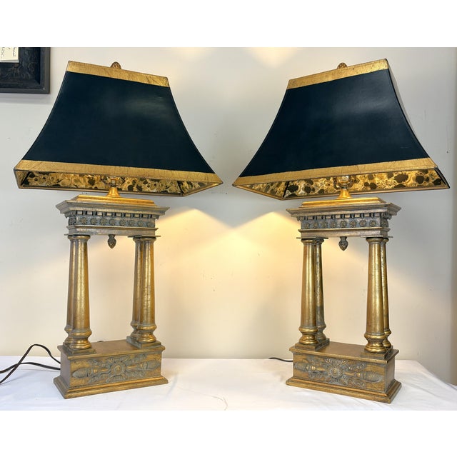 French Vintage French Empire Style Bouillotte Lamps With Finials and Shades- A Pair For Sale - Image 3 of 17