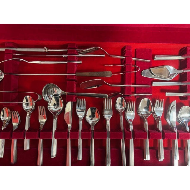 Mid-Century Modern Modernist Stainless Steel Flatware Set in Wooden Cabinet, 1960s, Set of 130 For Sale - Image 3 of 8