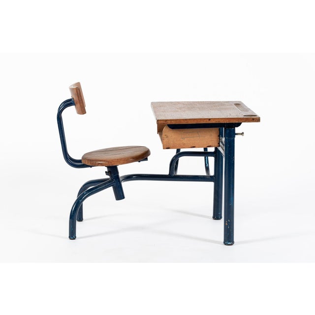 Brown Vintage Antique Wood & Metal Child’s School Desk and Chair in the Style of Jean Prouvé For Sale - Image 8 of 14