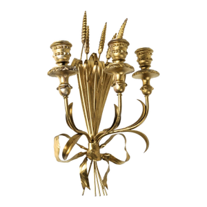 Single Wheat Sheaf and Bow Wall Sconce Candle Holder | Vintage Italian Gilt Hollywood Regency