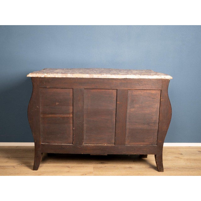 Wood Louis XIV Style Curved Chest of Drawers with Inlays, Gilded Bronze Finishes and Marble Top For Sale - Image 7 of 8