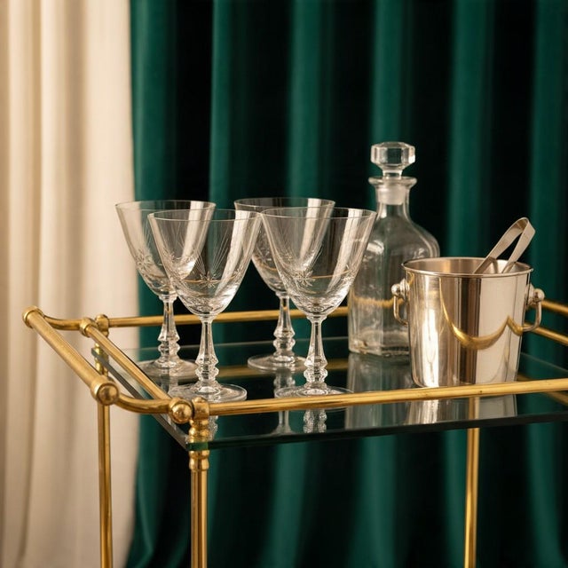 Mid-Century Modern Vintage Tiffin Franciscan Shooting Star Water Goblets-Set of 7-Etched Stemware For Sale - Image 3 of 9