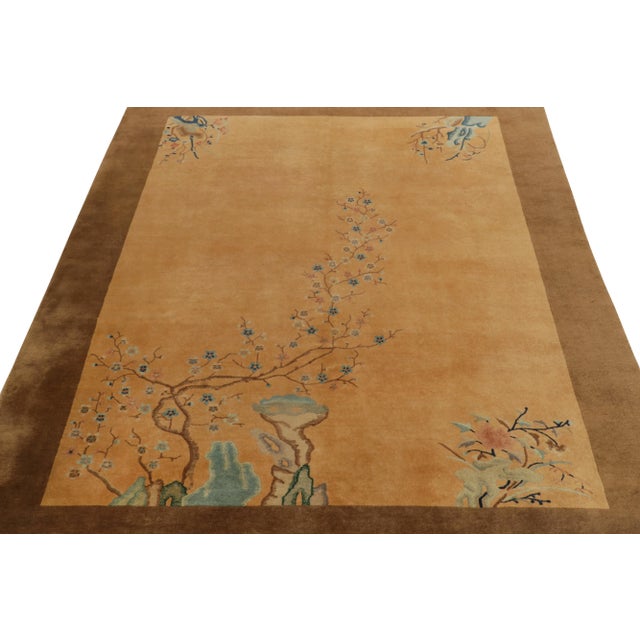 Art Deco 1920s Antique Chinese Art Deco Rug in Gold, Beige-Brown & Blue Floral Patterns For Sale - Image 3 of 7
