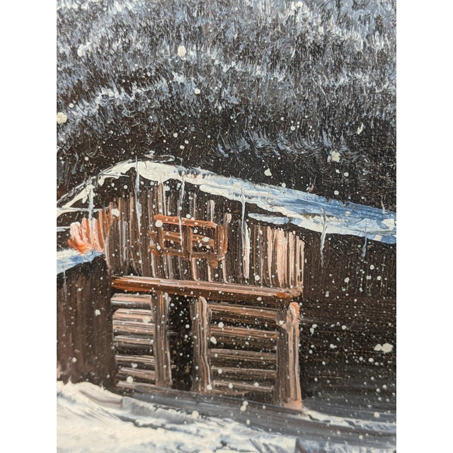 Atmospheric original oil on canvas signed R. Scott, depicting a tranquil winter landscape with a rustic cabin nestled...