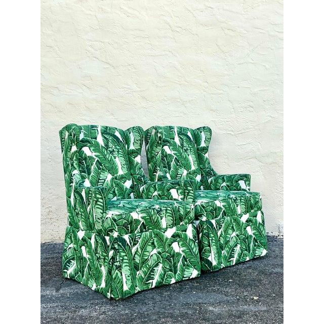 Green Vintage Coastal Palm Frond Skirted Wingback Chairs - a Pair For Sale - Image 8 of 12