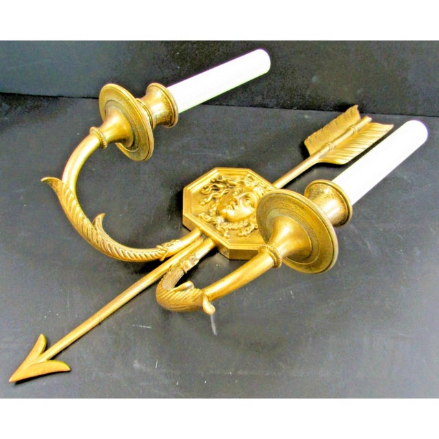 Pair French Empire Wall Sconces Bronze Arrow Medusa and Shades Late 19th Century For Sale - Image 11 of 18