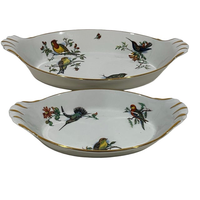 Two (2) Nesting Pillivuyt France Porcelain Bird Gratin Dishes with Gold Trim Exquisite dishes in excellent condition. -...