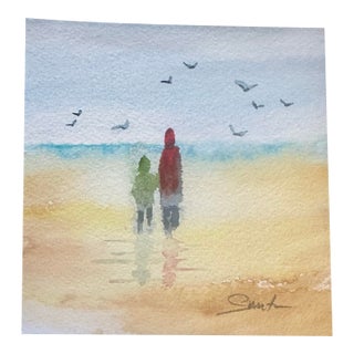“Quiet Walk by the Sea” Signed Original Miniature Watercolor Beach Scene For Sale