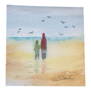 “Quiet Walk by the Sea” Signed Original Miniature Watercolor Beach Scene