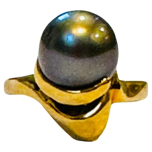 Black Tahitian Pearl 9.3 MM Cocktail Ring 18 Karat Yellow Gold For Sale - Image 15 of 18