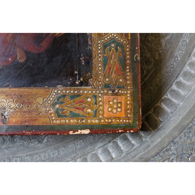 19th Century Antique Early 1800s Original Russian Icon Hand Painted Annunciation Our Lady of Kazan Madonna and Jesus For Sale - Image 5 of 11