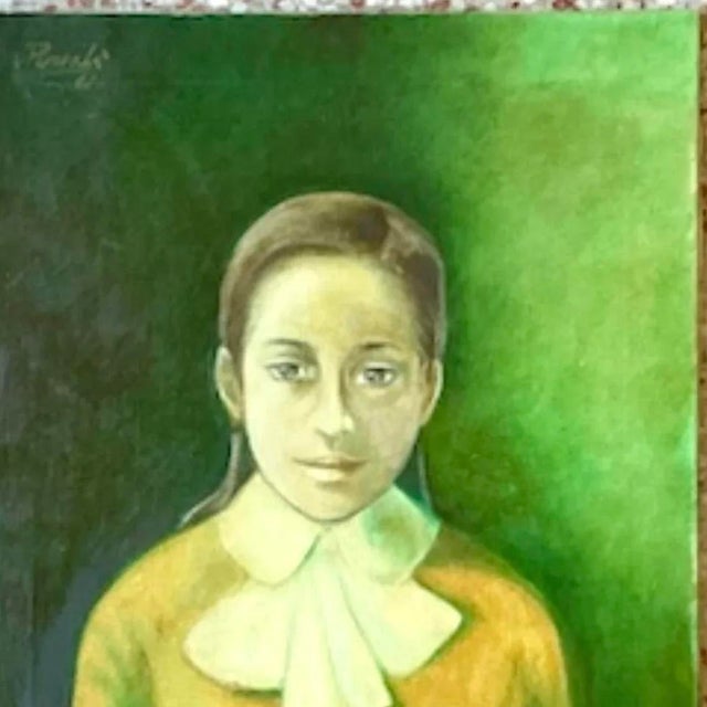 Vintage 1960s Italian Green-Toned Portrait Oil Painting For Sale - Image 9 of 14