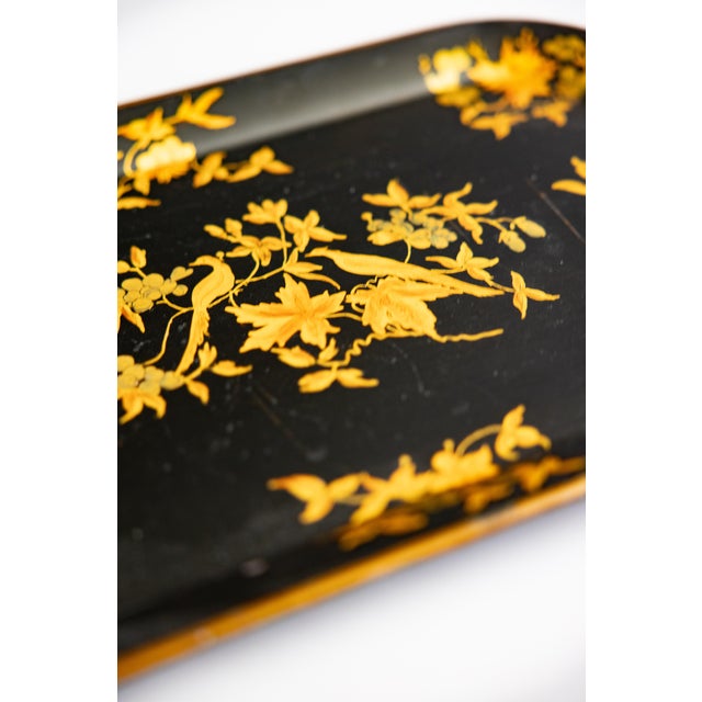 Antique English Chinoiserie Hand Painted Black & Gilt Birds Floral Tole Tray For Sale In Houston - Image 6 of 8