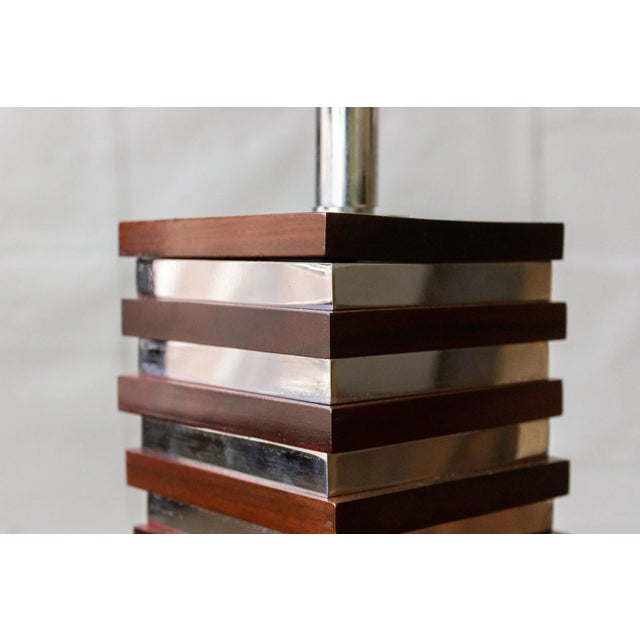 Mid-Century Modern Pair of French Stacked Wood and Chrome Table Lamps For Sale - Image 3 of 12