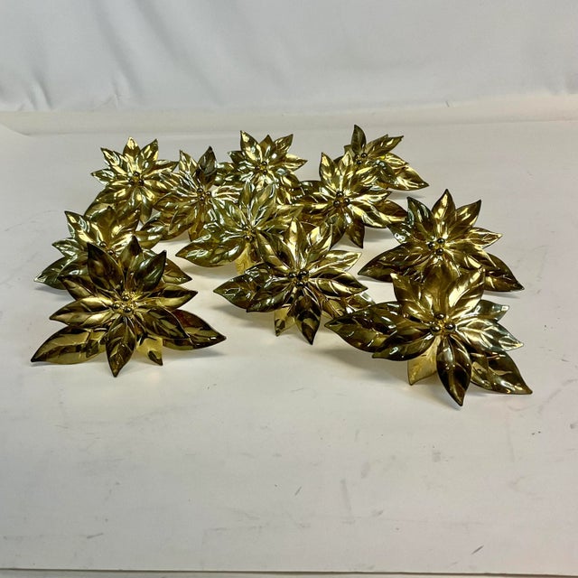 1970s Vintage Americana Traditional Brass Poinsettia Napkin Rings - Set of 11, Christmas For Sale - Image 6 of 8