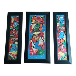 Dominican Folk Art Triptych of Village Women Oil on Canvas Signed Framed