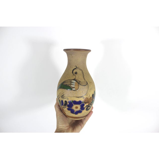 Blue Vintage Mexican Pottery Vase With Bird Blue Brown Tonala Mexico Glazed Interior Stoneware Vase Signed For Sale - Image 8 of 9