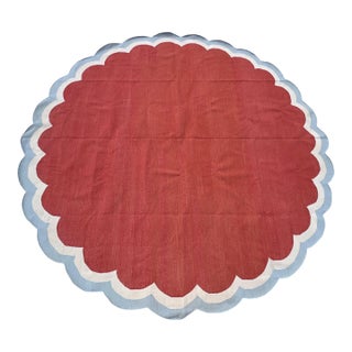 Handmade Cotton Round Scalloped Rug, Terracotta, Cream and Light Blue Round Dhurrie-9' Round For Sale