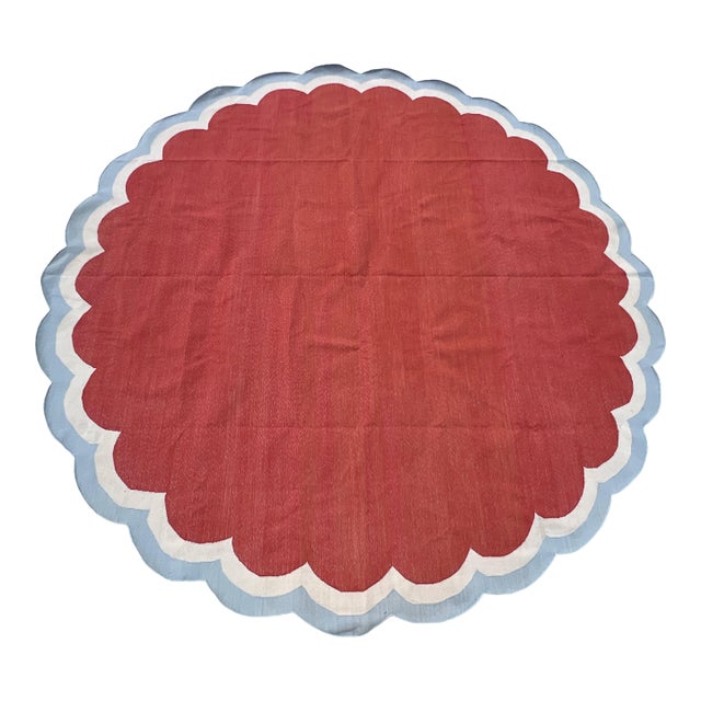 Handmade Cotton Round Scalloped Rug, Terracotta, Cream and Light Blue Round Dhurrie-9' Round For Sale