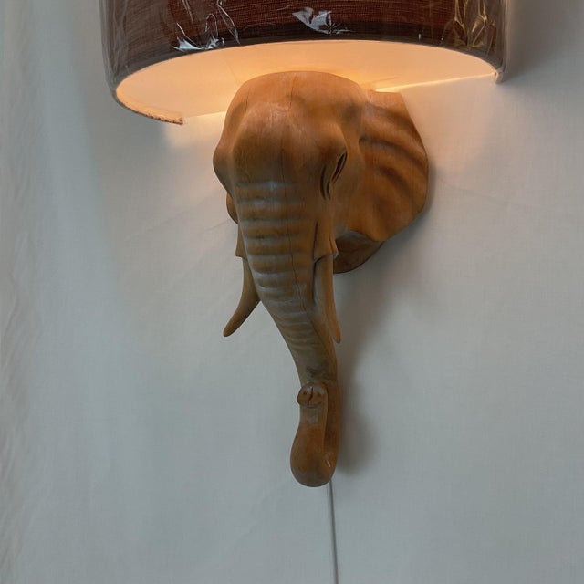 Traditional Natural Bleached Wood Elephant Sconces With Linen Shades - a Pair For Sale - Image 3 of 12