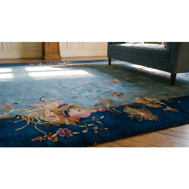 1920s Cornflowers Blue Minimalist Floral Antique Chinese Art Deco Carpet 8' X 9'9" Knotted Wool Rug For Sale - Image 16 of 18