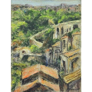 Pino Romanò, Houses in the Hills, Oil Painting, 1990s For Sale