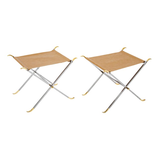 Pair Maison Jansen Style Polished Steel and Brass X-Stools With Leather Seats For Sale