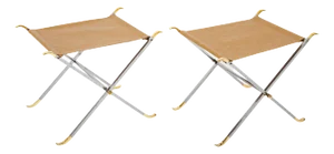 Pair Maison Jansen Style Polished Steel and Brass X-Stools With Leather Seats