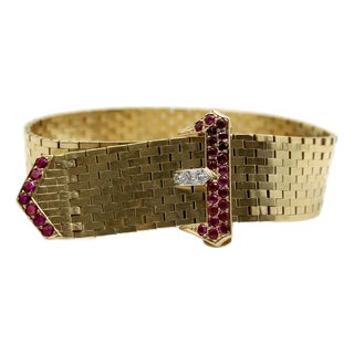 1940s Retro 14k Gold Ruby and Diamond Buckle Bracelet With Brick Link For Sale