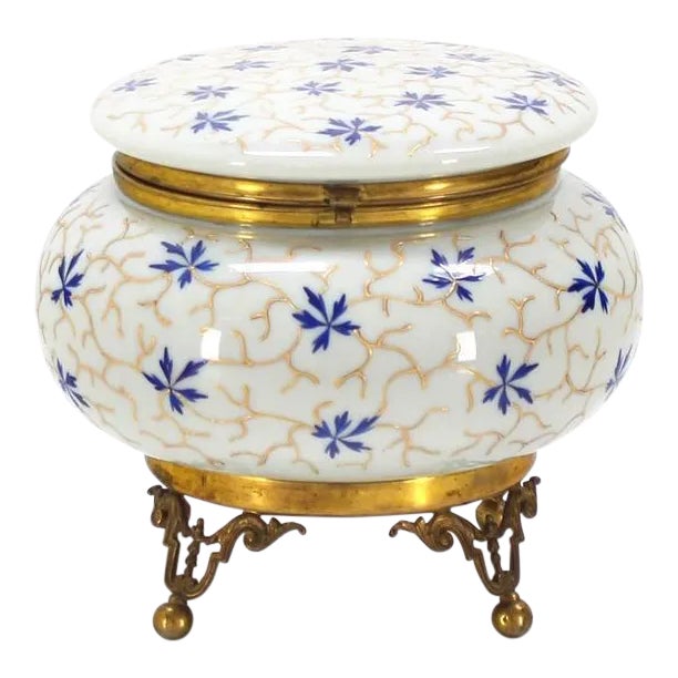 Vintage Mid Century Enameled Painted Floral Pattern Art Glass Round Dresser Box For Sale - Image 9 of 9