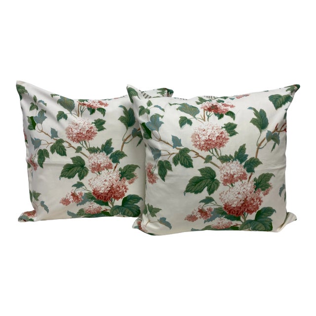 Pair of 22" Square Pillows With a Pink Hydrangea Floral Pattern - Made in Uk. For Sale