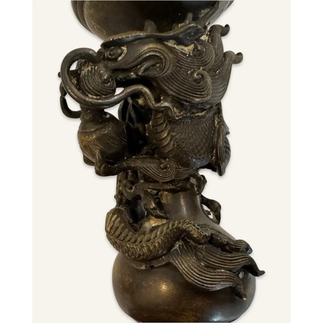 Pair of Late 19th Century Bronze Chinese Pricket Candle Holders Featuring the Imperial Dragon Chasing the Flaming Pearl of Immortality For Sale - Image 10 of 13