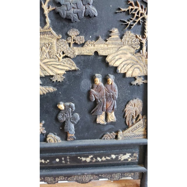 Asian Late 19th C. Ming Carved Ebonized and Giltwood Trifold Table Screen For Sale - Image 3 of 12