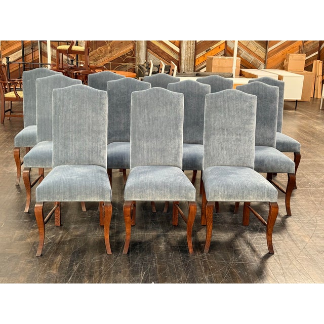 Wood Bespoke Blue Velvet + Oak Wood Dining Chairs, Set of Twelve For Sale - Image 7 of 12