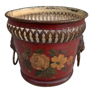 French Red & Gold Tole Cachepot With Lion Head Handles and Pierced Gallery Rim For Sale
