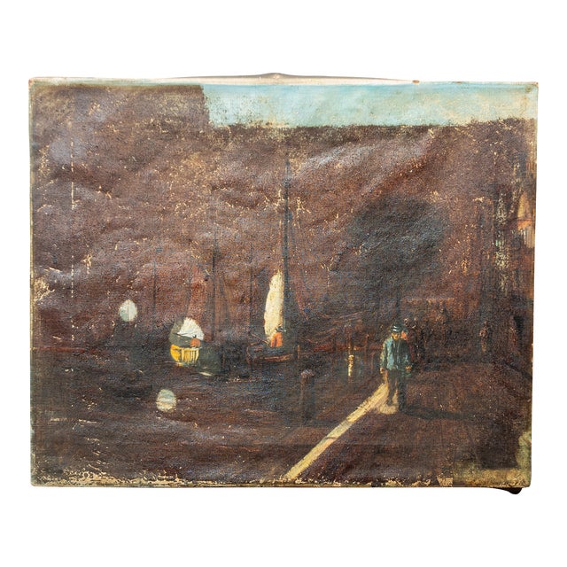 Early 20th Century Distressed Harbor Scene Painting With Figure For Sale