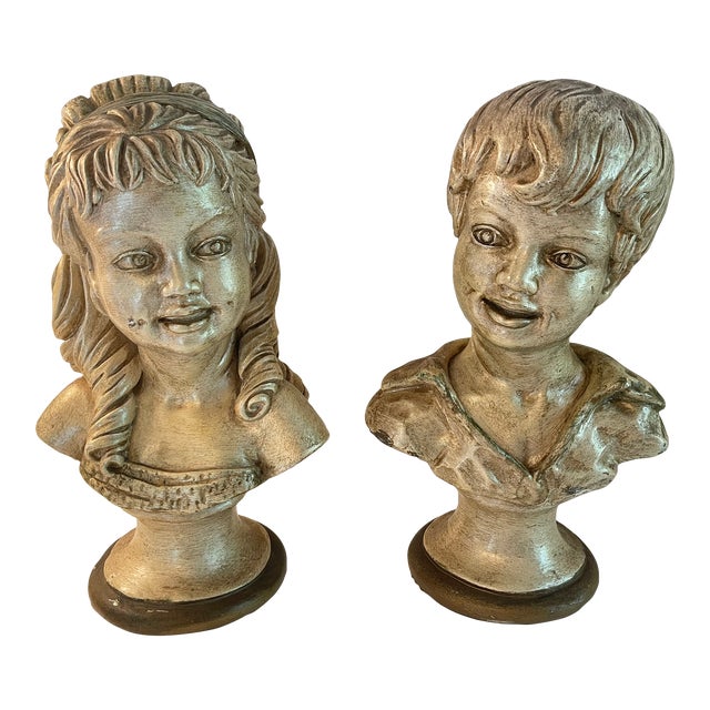 1960s Vintage Universal Statuary Corp Boy and Girl Statue Set Pedestal Statuettes a Pair