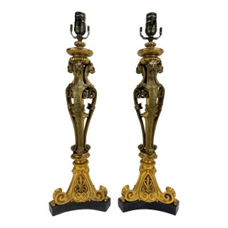 Neoclassical Parcel-Gilt and Patinated Bronze Tripod Zoomorphic Lamps C. 1900 Attributed to Edward F. Caldwell & Co. For Sale