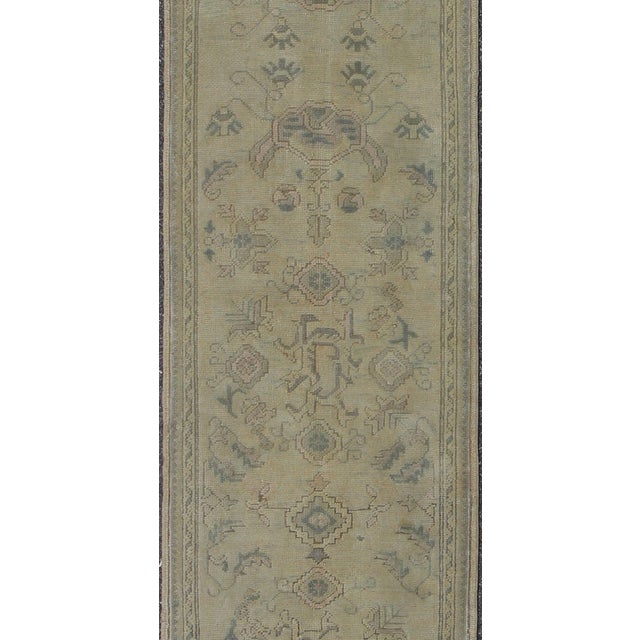 Tribal Antique Turkish Oushak Runner With All-Over Design With Green and Blue Accents For Sale - Image 3 of 6