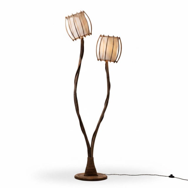 Rattan Floor Lamp Calyx - Handcrafted Natural Pencil Reed Tall Standing Lamp For Sale - Image 11 of 14