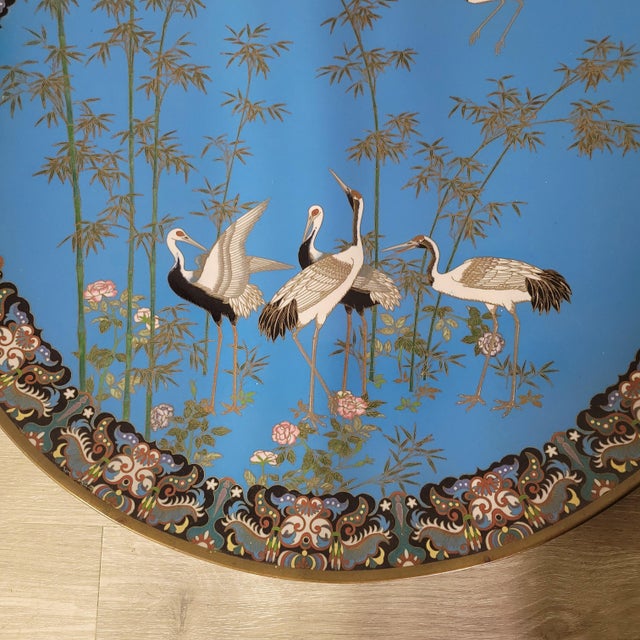 1900 - 1909 24" Antique Japanese Cloisonne Charger With Cranes and Bamboo, Circa 1900–1920 For Sale - Image 5 of 9