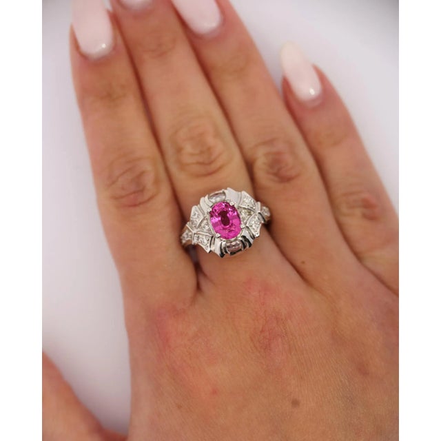 Contemporary GIA Certified 2.4 Carat No Heat Pink Sapphire & Briolette Diamond Platinum Ring For Sale - Image 3 of 6