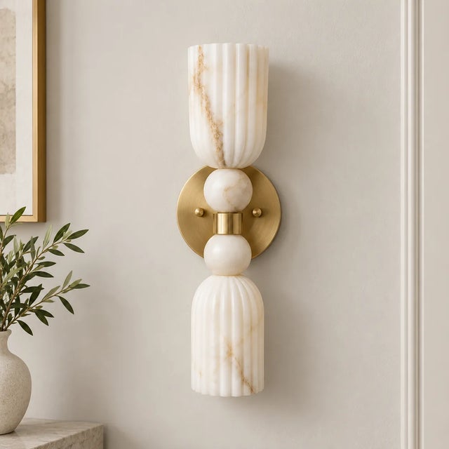 Not Yet Made - Made To Order Handcrafted Brass Double Wall Sconces With Ribbed Natural Alabaster Shades - a Pair For Sale - Image 5 of 8