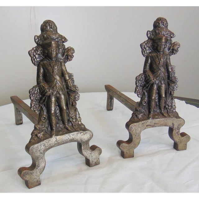 A pair of Andirons made by Albany Foundry of Albany New York. Made of the early 1900’s. Figural early colonial gentleman form