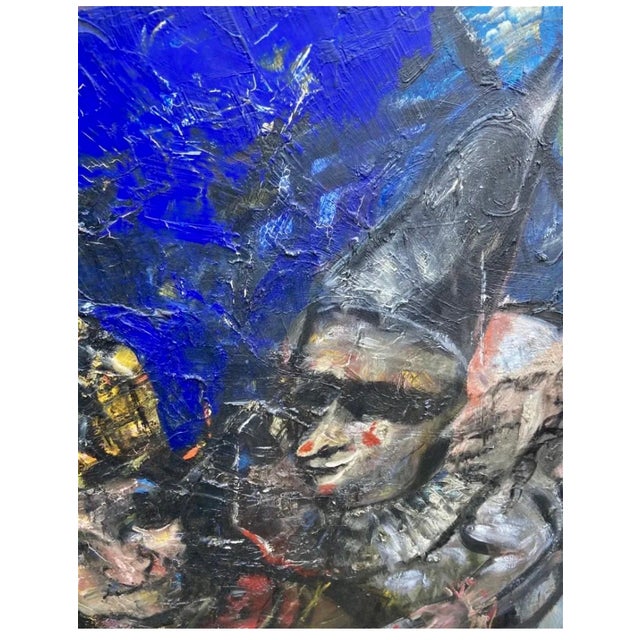 King and queen with clowns and jesters. Bold, colorful, expressionist masterful painting. Jonah Kinigstein (b. 1923) is an...