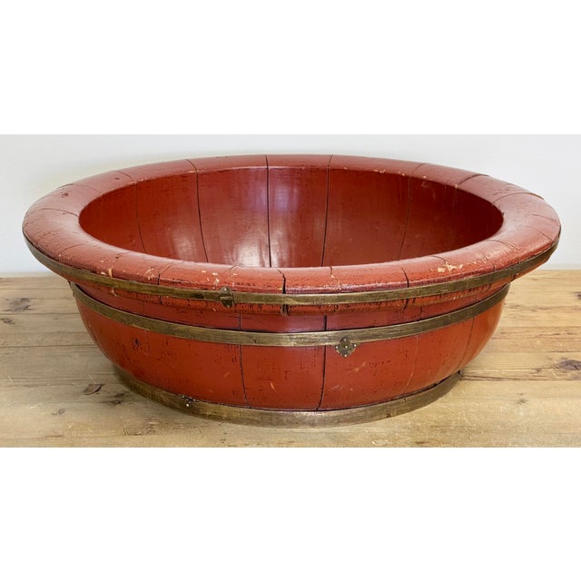 Chinoiserie Large 19th C Brass Trimmed Red Barrel Bowl For Sale - Image 3 of 12