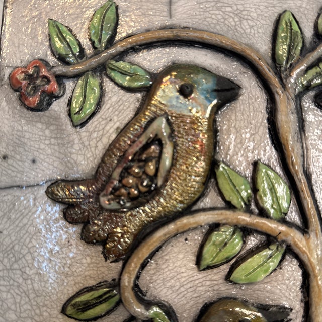 Exquisite artist made 3-D ceramic panel of 5 birds on a tree. Painted beautifully- the birds have an iridescent sheen.